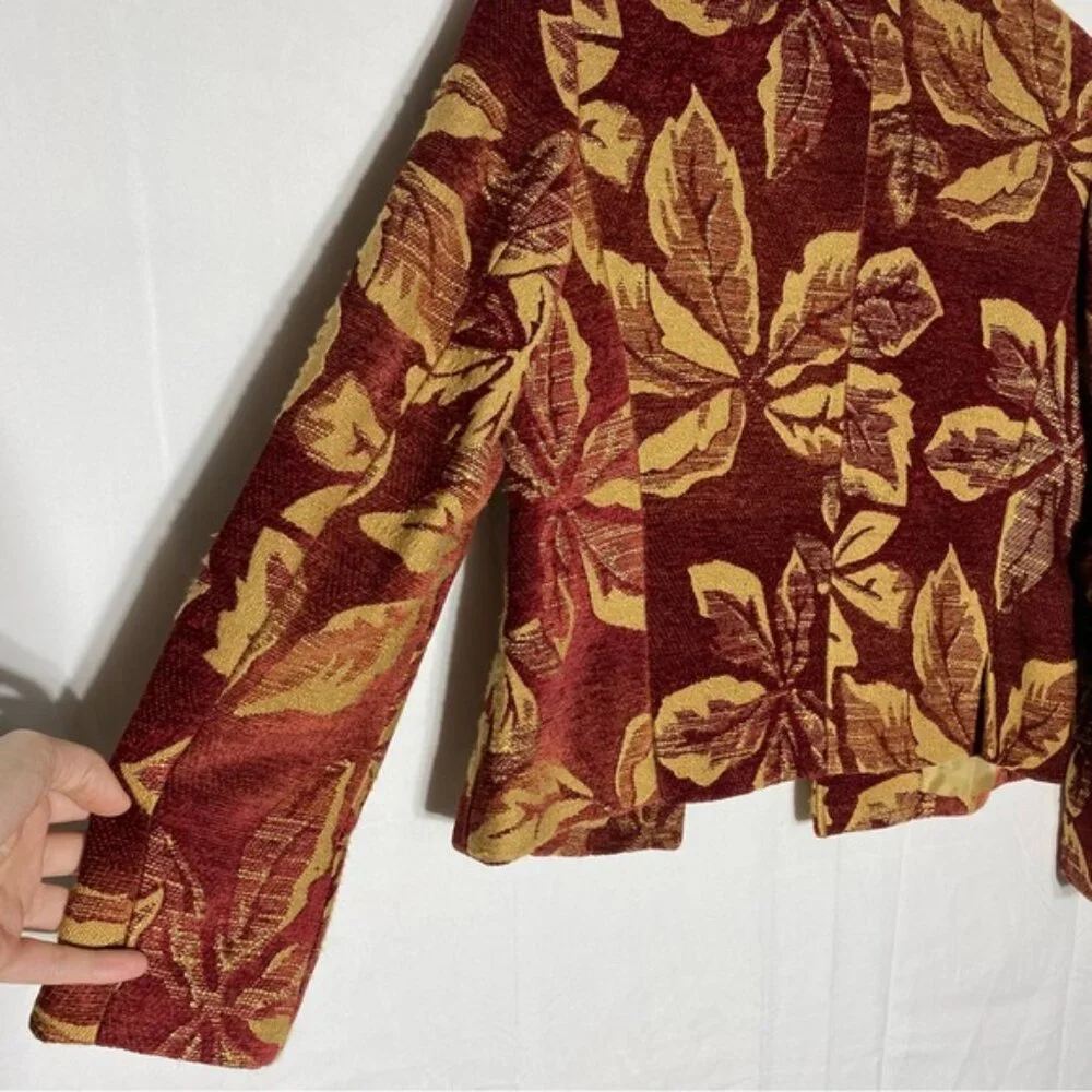 Harvé Benard Red Yellow Chenille Leaf Print Tapestry Open Front Blazer Jacket S - Picture 11 of 14